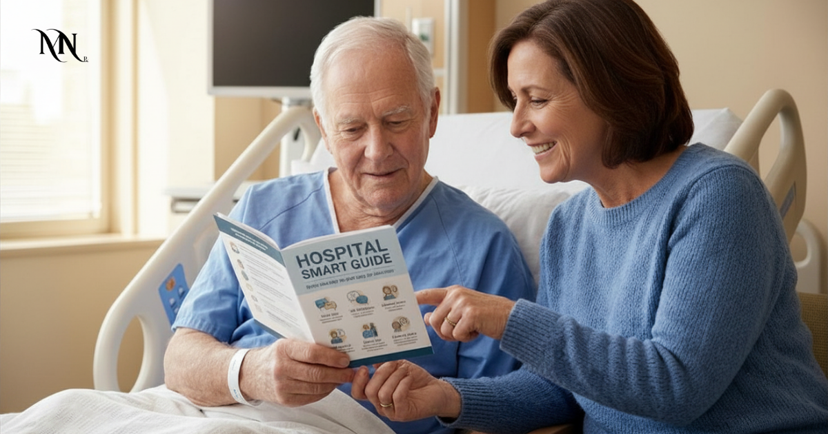 When Dementia Meets Hospitalization Tips Every Caregiver Should Know-cover A female caregiver smiling and pointing at a Hospital Smart Guide while sitting with an elderly male patient in a hospital bed